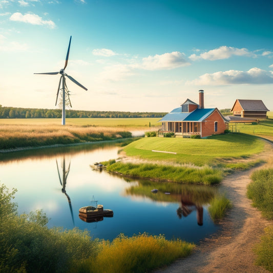 A serene rural landscape with a rustic home surrounded by wind turbines, solar panels, and a small pond, set against a sunny sky with a few wispy clouds.