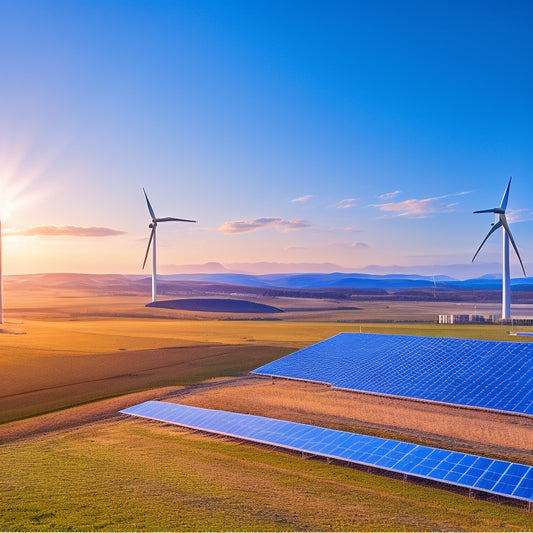 A vibrant landscape showcasing solar panels and wind turbines, with a large, modern battery storage facility in the foreground, under a bright blue sky, symbolizing the synergy between renewable energy and efficient storage solutions.