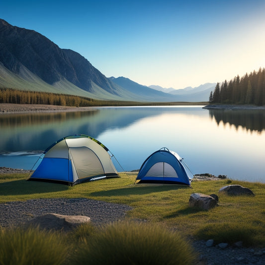 A serene camping scene featuring a tent by a tranquil lake, with various sleek, modern portable solar panels set up to capture sunlight, surrounded by lush greenery and distant mountains under a bright blue sky.