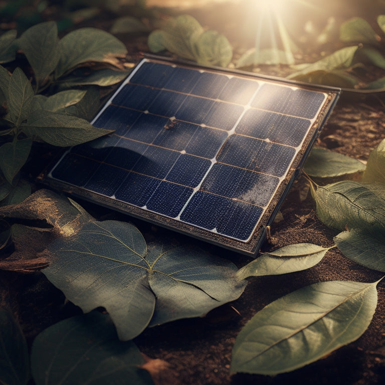 An illustration of a dirty solar panel with leaves and debris scattered on its surface, next to a sparkling clean panel with sunlight shining through, highlighting the contrast in efficiency.