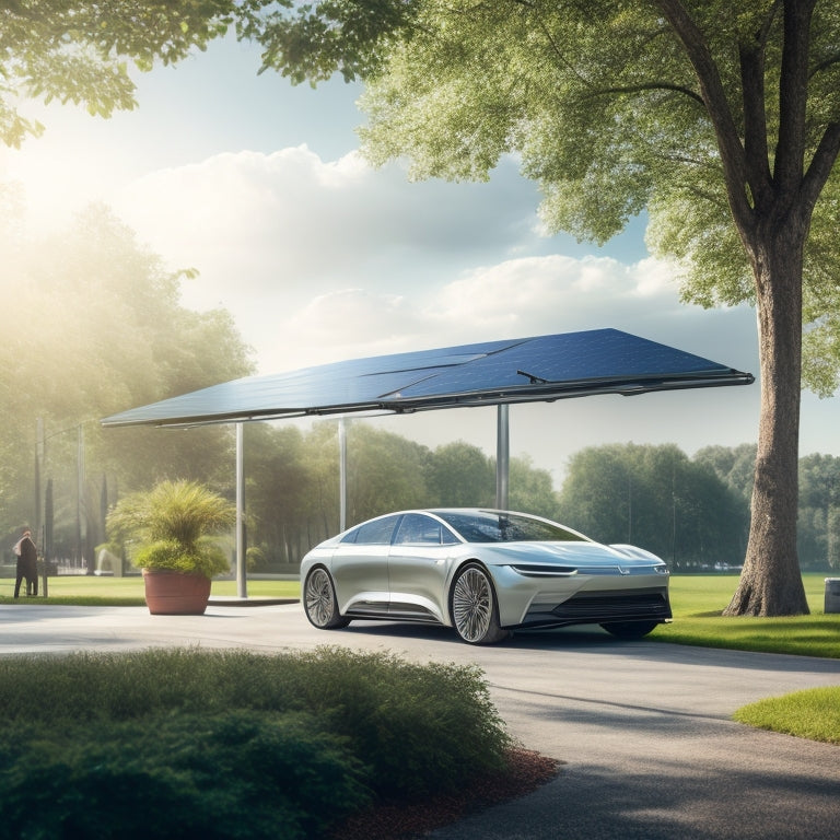 A sleek electric vehicle parked beneath a large solar panel canopy, sunlight glinting off the panels. Nearby, a digital display shows charging statistics, surrounded by lush greenery and modern urban architecture.