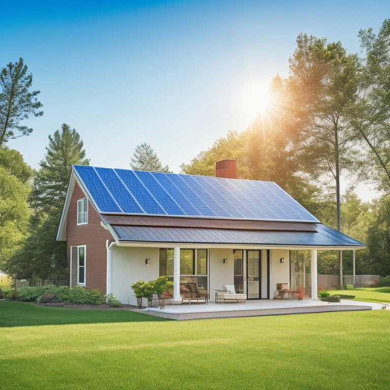 A serene suburban home with a sleek, modern solar panel system installed on the roof, surrounded by lush greenery and a bright blue sky with a few wispy clouds.
