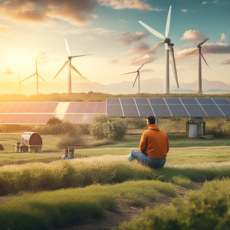 An illustration of a person in a rural setting, surrounded by solar panels and a wind turbine, with a subtle cityscape in the background, featuring a mix of lush greenery and industrial elements.