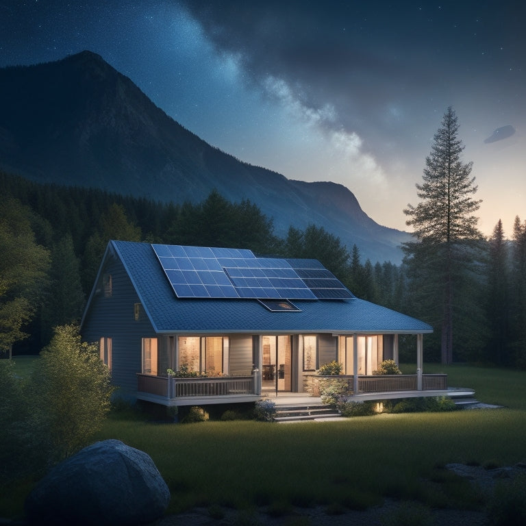 A serene, isolated mountain home surrounded by lush green trees, with a sleek solar panel array installed on the rooftop, glowing with a soft blue light, amidst a starry night sky.