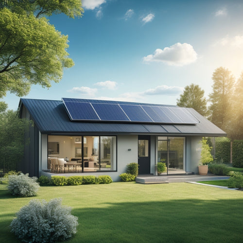 A serene suburban home with a sloping roof, partially covered in sleek black solar panels, surrounded by lush greenery and a clear blue sky with a few puffy white clouds.