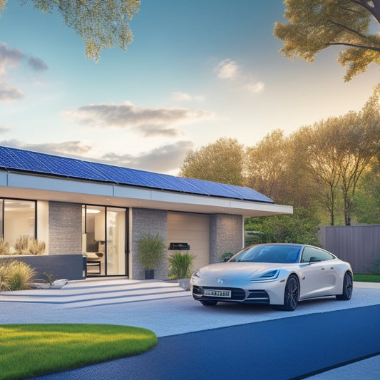 A modern home with a sleek, silver battery pack installed on the wall, surrounded by solar panels on the roof and a charging station for an electric vehicle in the garage.