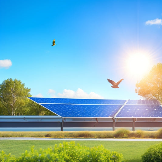 An illustration of a modern, sleek, and silver solar panel installation on a rooftop, set against a bright blue sky with fluffy white clouds, surrounded by lush greenery and a few birds flying overhead.
