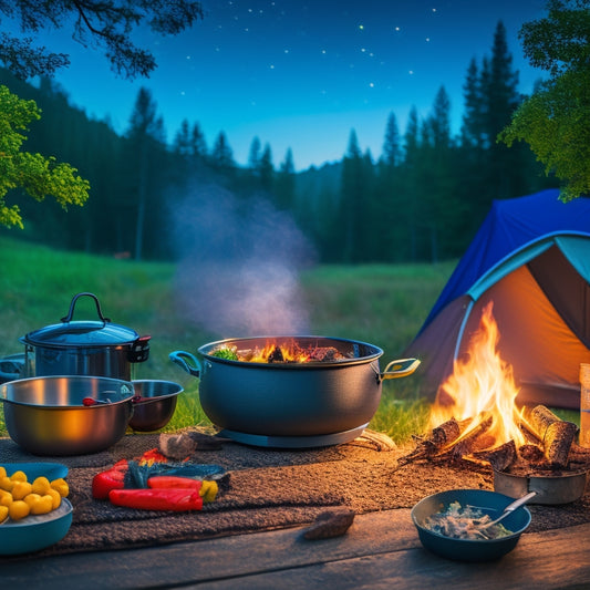 A cozy campsite scene featuring a portable camping stove, colorful cooking utensils, fresh vegetables, and a simmering pot over a crackling fire, surrounded by lush trees and a starry night sky.