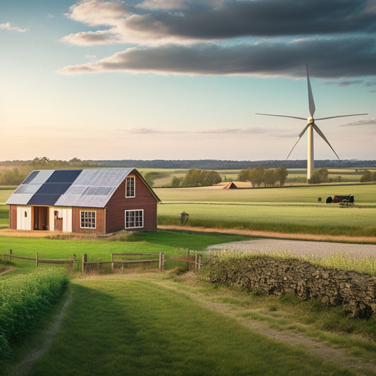 A serene rural landscape with a rustic barn, wind turbines, and solar panels in the distance, amidst lush greenery, with a subtle, modern battery bank in the foreground.