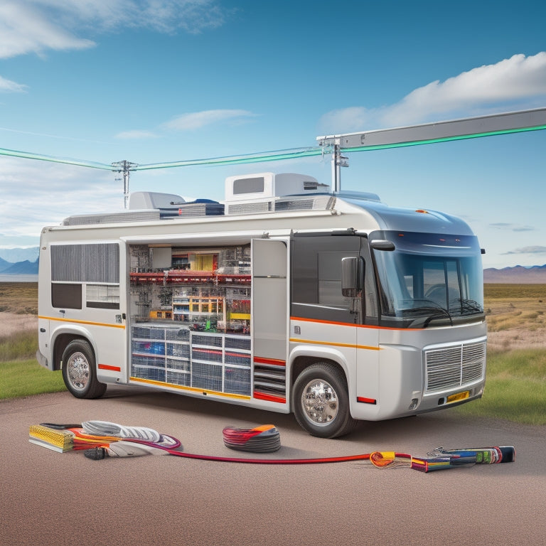 An illustration of a sleek, modern RV with open compartments revealing a tidy, organized power system: batteries, inverters, and solar panels interconnected with colorful wires and cables.