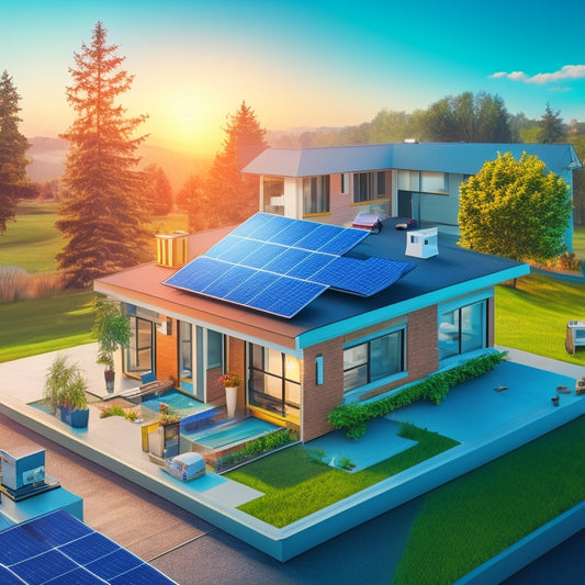An illustration of a residential building with various installation kits (solar panels, security cameras, etc.) scattered around it, each with a different price tag and a subtle gradient background.