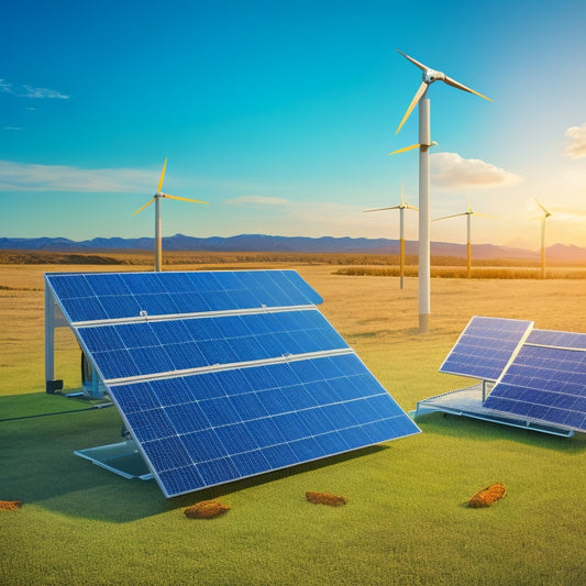 A stylized illustration of a solar panel array in the background, with a battery storage system in the foreground, surrounded by decreasing arrows and minus signs, conveying cost reduction.