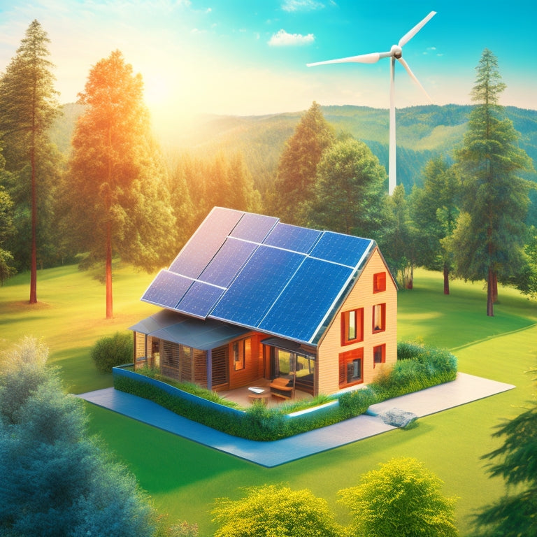 A stylized illustration of a sustainable home with solar panels, a wind turbine, and a battery bank, surrounded by lush greenery, with a subtle grid of interconnected nodes in the background.