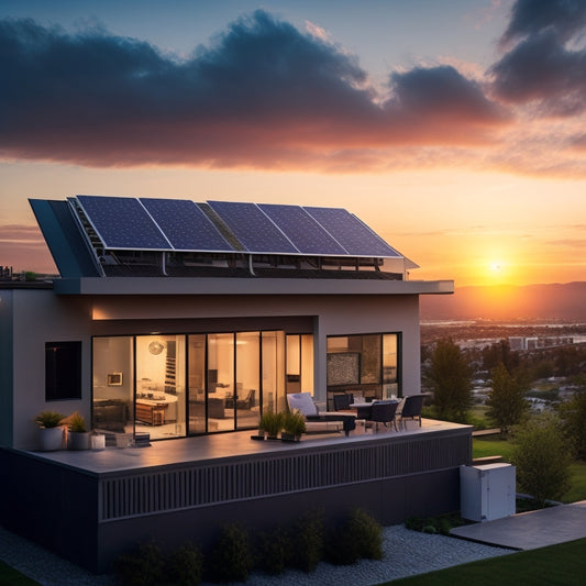 A modern, sleek home with a rooftop solar panel array, a wall-mounted battery storage system, and a subtle background of a cityscape at sunset, with a faint grid of connected devices.