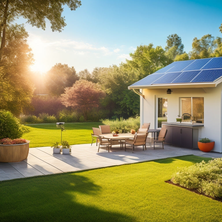 A serene backyard scene with a modern house, solar panels on the roof, a portable power bank on a patio table, and a few devices charging, surrounded by lush greenery and a sunny sky.
