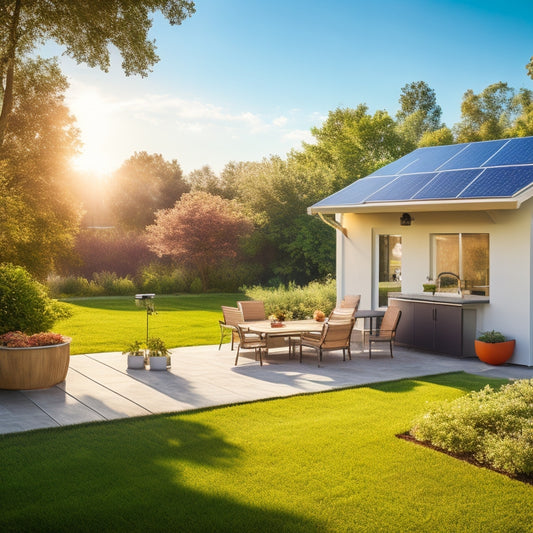A serene backyard scene with a modern house, solar panels on the roof, a portable power bank on a patio table, and a few devices charging, surrounded by lush greenery and a sunny sky.