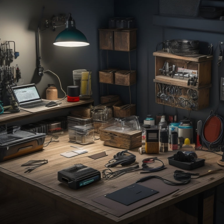An organized workspace with tools, wires, and a battery, showcasing the step-by-step assembly of a DIY home battery backup system, surrounded by diagrams and components, all illuminated by soft overhead lighting.
