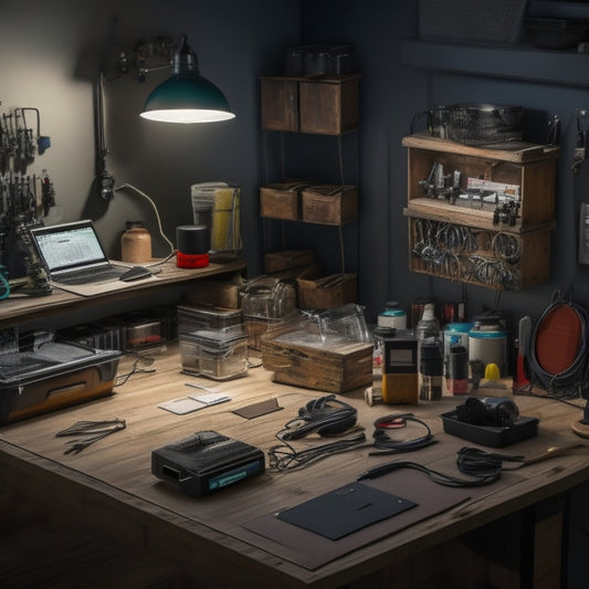 An organized workspace with tools, wires, and a battery, showcasing the step-by-step assembly of a DIY home battery backup system, surrounded by diagrams and components, all illuminated by soft overhead lighting.