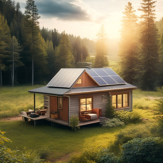 A serene off-grid cabin surrounded by lush greenery, with a rooftop solar panel array and a battery bank visible through a window, amidst a sunny and cloudy sky.