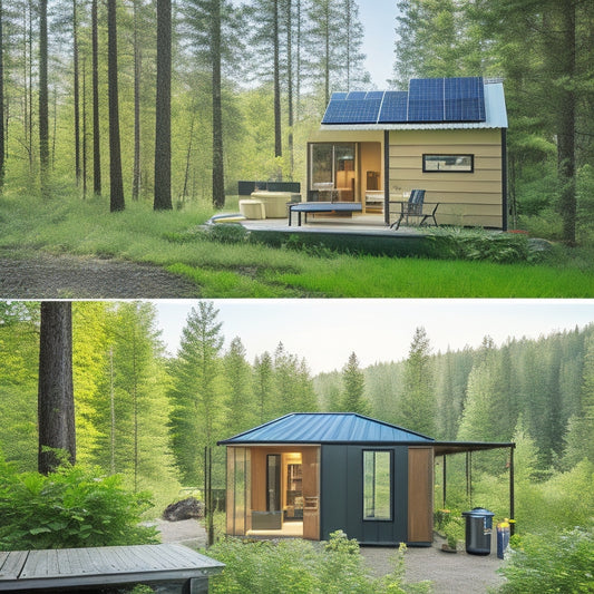 A serene off-grid cabin surrounded by lush greenery, with a solar panel array on the roof, a propane tank, and a rainwater collection system, featuring a modern kitchen with energy-efficient appliances.
