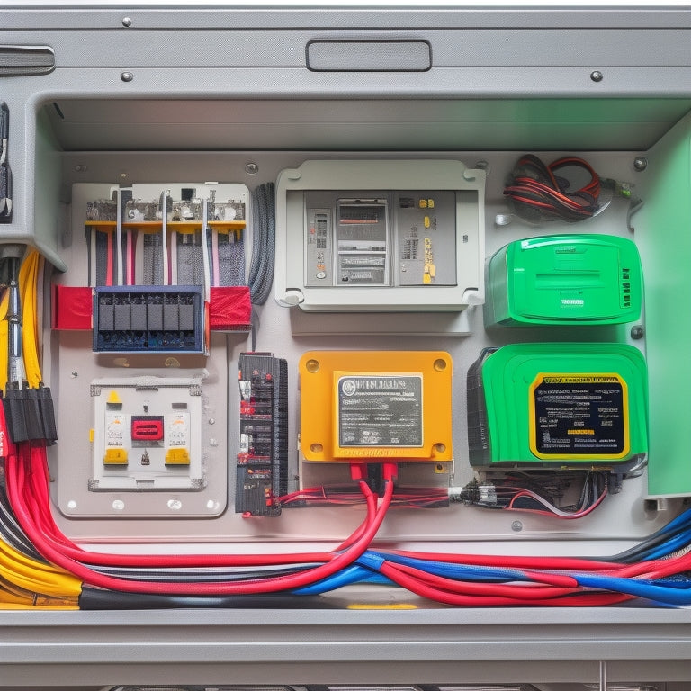 A detailed illustration of an RV's electrical compartment, showcasing a 12V deep cycle battery, inverter/charger, solar charge controller, and circuit breaker panel, with colorful wires and cables neatly organized.