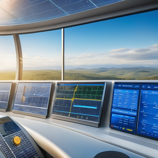 A futuristic dashboard displaying real-time solar panel performance metrics on a large, curved screen surrounded by sleek, silver machinery and wires, set against a bright blue, sunny background.