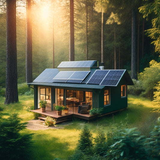 A serene off-grid cabin surrounded by lush greenery, with a solar panel array on the roof and a battery bank visible through a window, connected to a sleek inverter and monitoring system.