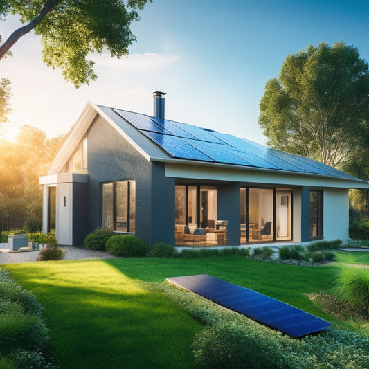 A serene, modern home with solar panels installed on the roof, surrounded by lush greenery and a bright blue sky, with a subtle, glowing green aura emanating from the home.