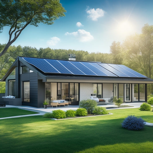 A sunny suburban home with a modern, sleek roof, covered in a grid of shiny, black solar panels, with a few solar tubes rising from the roof's edge, amidst lush green trees and a blue sky.