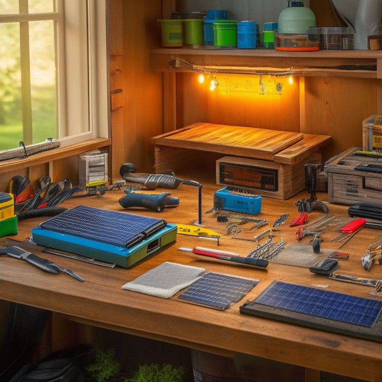 A well-organized workbench with solar panels, batteries, wiring, and tools, surrounded by step-by-step diagrams. Natural light streams in, illuminating a DIY enthusiast assembling a solar battery backup system.