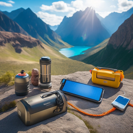 A rugged outdoor scene featuring a portable solar charging kit set on a rocky surface, sunlight glinting off solar panels, surrounded by hiking gear, a water bottle, and a smartphone charging, with mountains in the background.