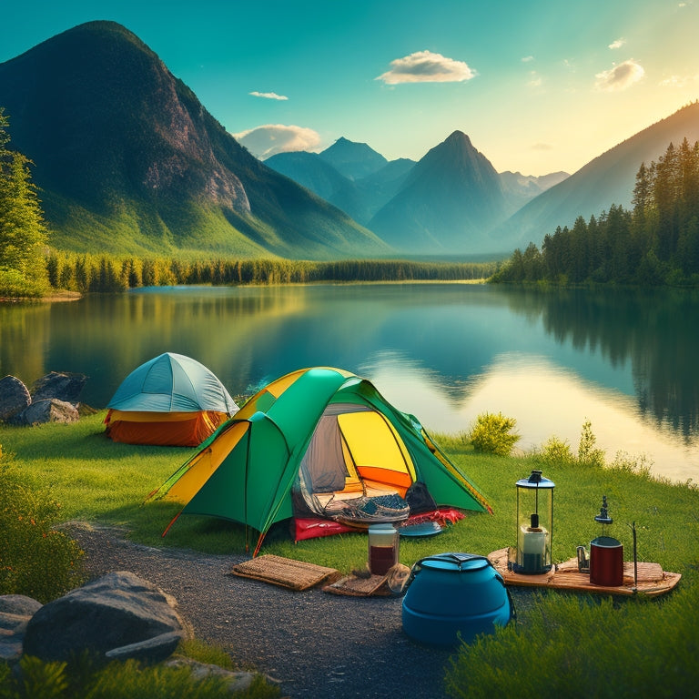 A vibrant campsite scene featuring eco-friendly gear: solar-powered lanterns, biodegradable utensils, recycled fabric tents, and a bamboo backpack, surrounded by lush greenery and a serene lake, with mountains in the background.