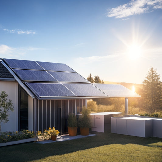 A sleek, modern solar power setup on a sunny rooftop, featuring solar panels angled for optimal sunlight, interconnected with a stylish battery storage unit, surrounded by greenery and a clear blue sky.