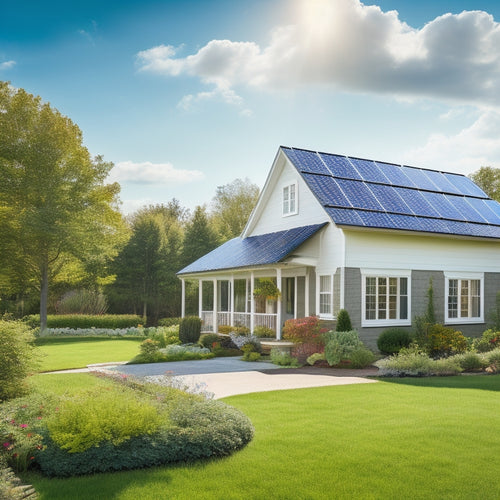 A serene suburban home with solar panels on the roof, a wind turbine in the backyard, and a lush green garden, surrounded by a bright blue sky with a few white, puffy clouds.