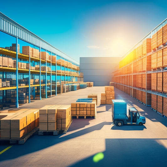 An illustration of a modern warehouse with solar panels on the roof, rows of shelves filled with boxes and pallets, and a few workers in high-visibility vests moving goods around, amidst a backdrop of a sunny blue sky.