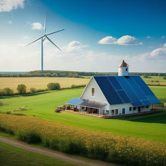 A serene rural landscape with a farmhouse, barn, and wind turbine in the distance, surrounded by lush greenery and a few solar panels on the roof, under a bright blue sky with fluffy white clouds.