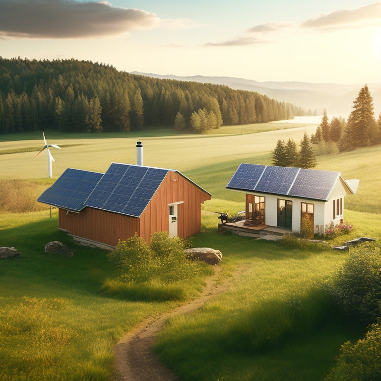 A serene, rural landscape with a small, modern cabin surrounded by lush greenery, featuring a solar panel array, a wind turbine, and a battery bank with various storage systems in the foreground.