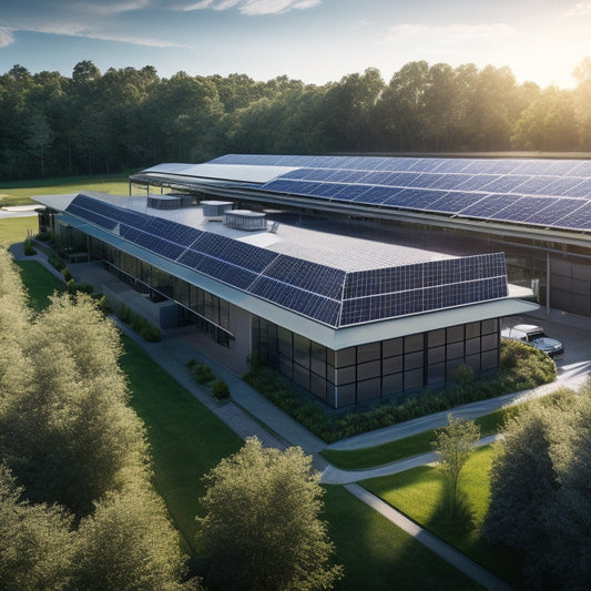 A modern business facility featuring solar panels on the roof, large battery storage units in an outdoor area, and lush greenery surrounding the building, illustrating a harmonious balance between technology and nature.