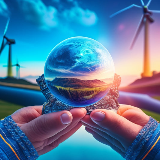 A futuristic illustration featuring a hand holding a small, glowing globe, surrounded by miniaturized representations of renewable energy sources, including wind turbines, solar panels, and hydroelectric dams.