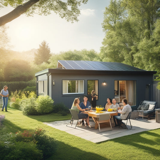 A serene backyard scene with a small, modern house, solar panels on the roof, a battery pack in the corner, and a family enjoying a BBQ in the warm sunlight, surrounded by lush greenery.