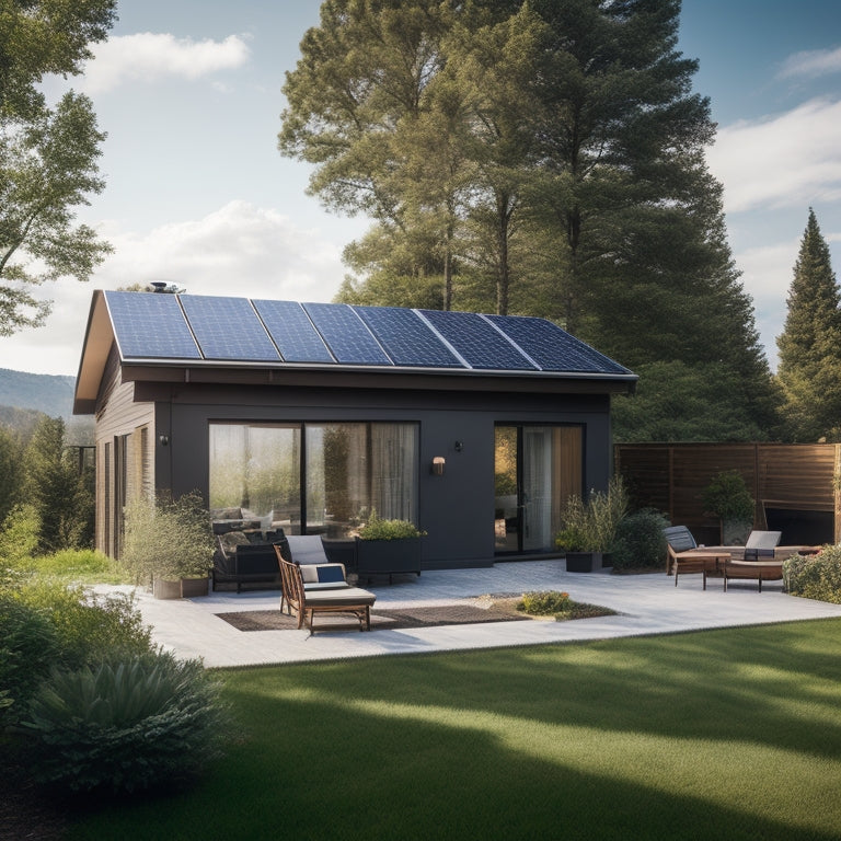 A serene backyard with a modern, sleek, black-framed solar panel array installed on the roof of a cozy, earth-toned house, surrounded by lush greenery and a few puffy white clouds.