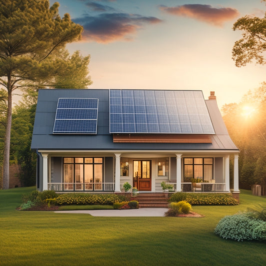 A serene suburban home with solar panels installed on its roof, surrounded by lush greenery, with a subtle sunburst in the background and a faint grid of electrical lines.