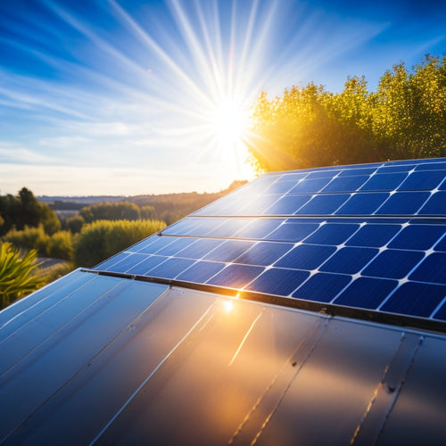 A close-up view of a shimmering thin film solar cell on a modern rooftop, with sunlight reflecting off its surface, surrounded by vibrant greenery and a clear blue sky, emphasizing energy efficiency and sustainability.