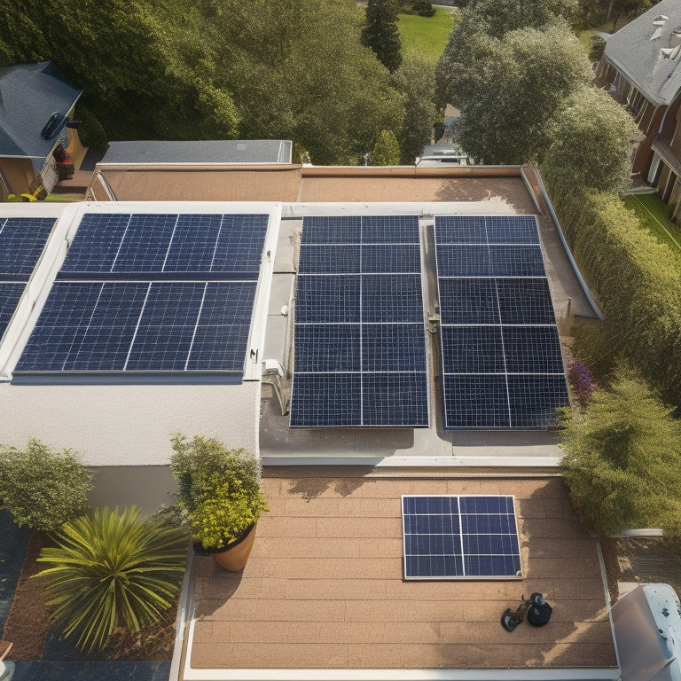 An overhead view of a residential rooftop with a partially installed solar panel kit, tools and hardware scattered around, and a few panels already secured to the roof's surface.