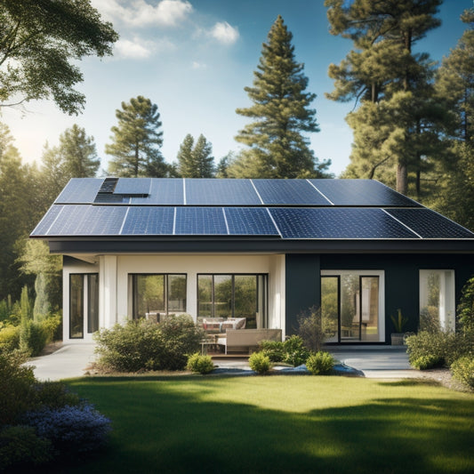 A sunny suburban home with a modern, sleek roof, covered in a grid of shiny, black solar panels, with a few solar tubes rising from the roof's edge, amidst lush green trees and a blue sky.