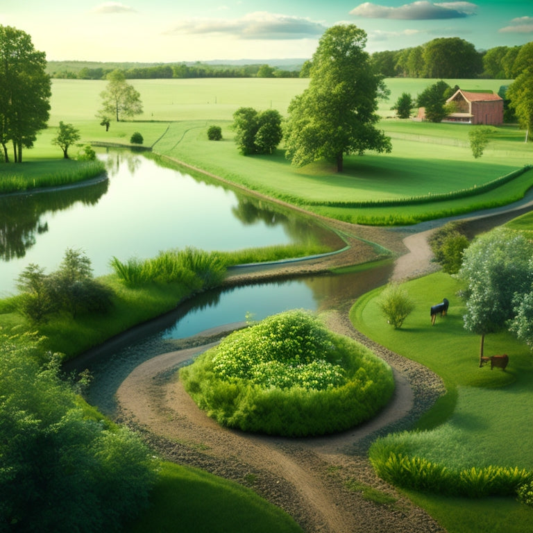 Illustrate a serene, verdant farm landscape with a meandering stream, lush green crops, and a subtle network of pipes and sprinklers, showcasing a harmonious blend of nature and technology.