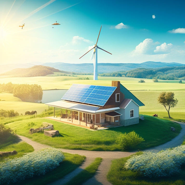 An illustration of a rural landscape with a few scattered homes, a windmill in the distance, and a prominent solar panel array on a hill, surrounded by lush greenery and a bright blue sky.