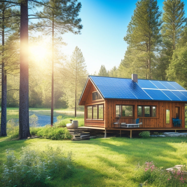 A serene landscape featuring a small cabin surrounded by trees, with solar panels being installed on the roof. Tools scattered nearby, a bright sun shining overhead, and a blue sky showcasing a sustainable lifestyle.