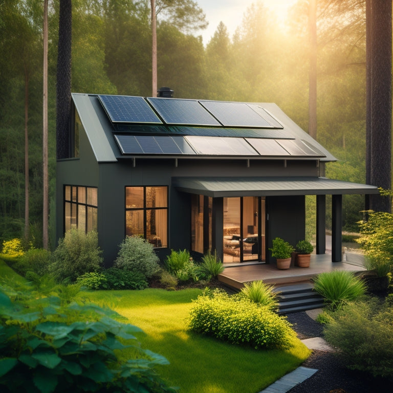 A serene, modern, earth-toned home surrounded by lush greenery, with a sleek, black solar panel array on the roof, and a discreet, compact inverter box on the exterior wall.