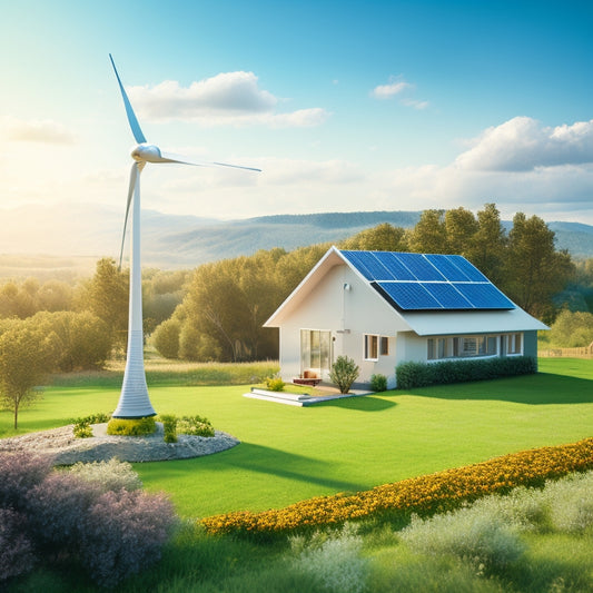 A serene landscape with a small, modern house surrounded by lush greenery, solar panels on the roof, and a wind turbine in the distance, under a bright blue sky with fluffy white clouds.